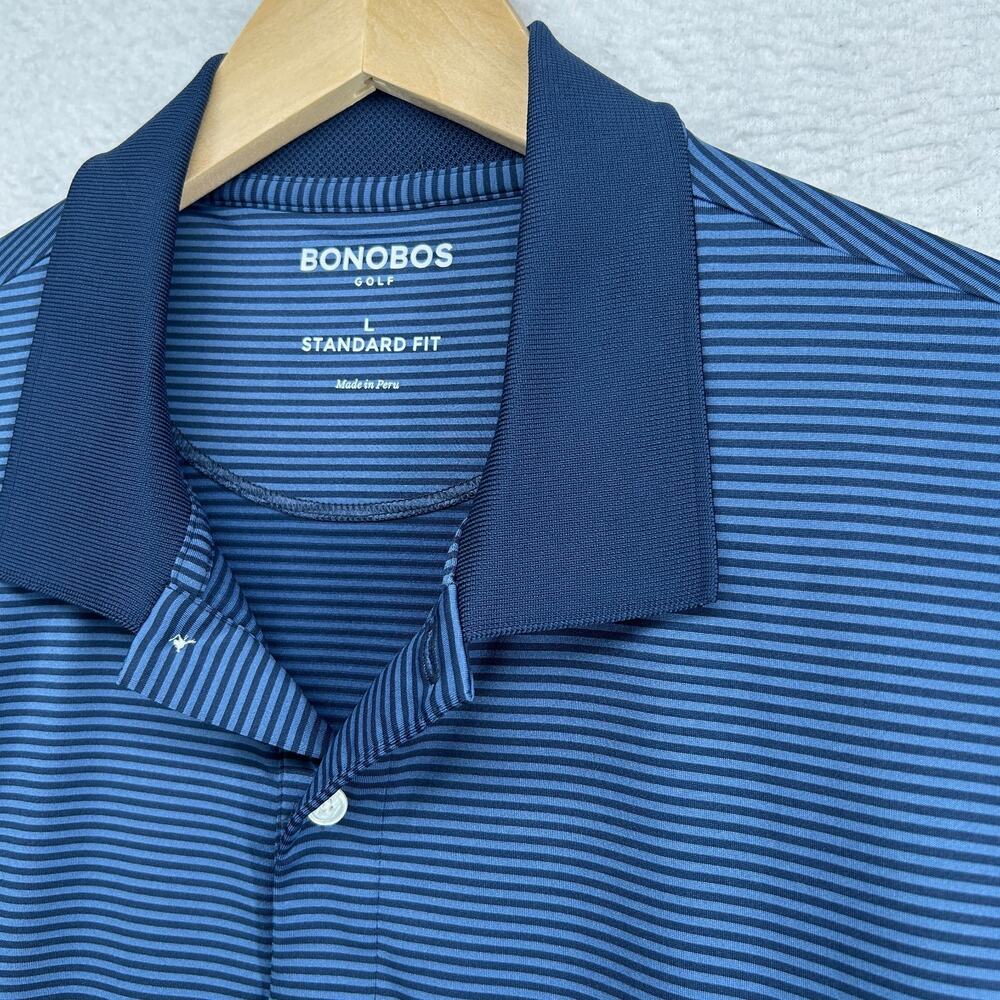 BONOBOS Shirt Men L Golf Polo Standard Fit Striped Performance Short Sleeve Blue